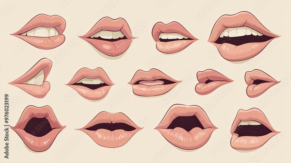 A set of 16 cartoon lips in various expressions, including smiling, pouting, surprised, and biting. A set of 16 cartoon lips in various expressions, including smiling, pouting, surprised, and biting.