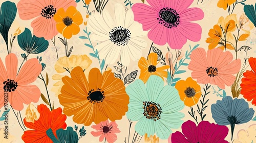 A seamless pattern with colorful flowers in various shapes and sizes on a light beige background.