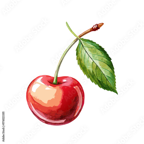 watercolor style cherry fruit with leaf on white