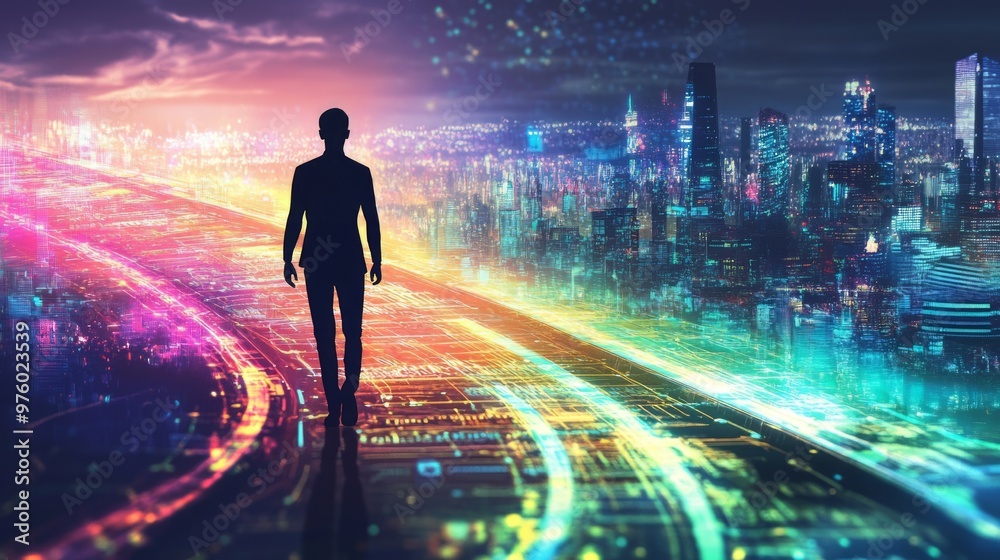 Human silhouette walking on a path of glowing ideas, leading toward a futuristic city, innovation journey, creative business path Human silhouette walking on a path of glowing ideas, leading toward a futuristic city, innovation journey, creative business path
