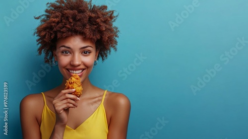 A woman in her 20s holding a fried chicken drumstick, smiling softly as she takes a bite. The minimalist background enhances the focus on her and the delicious food, perfect for an advertisement. photo