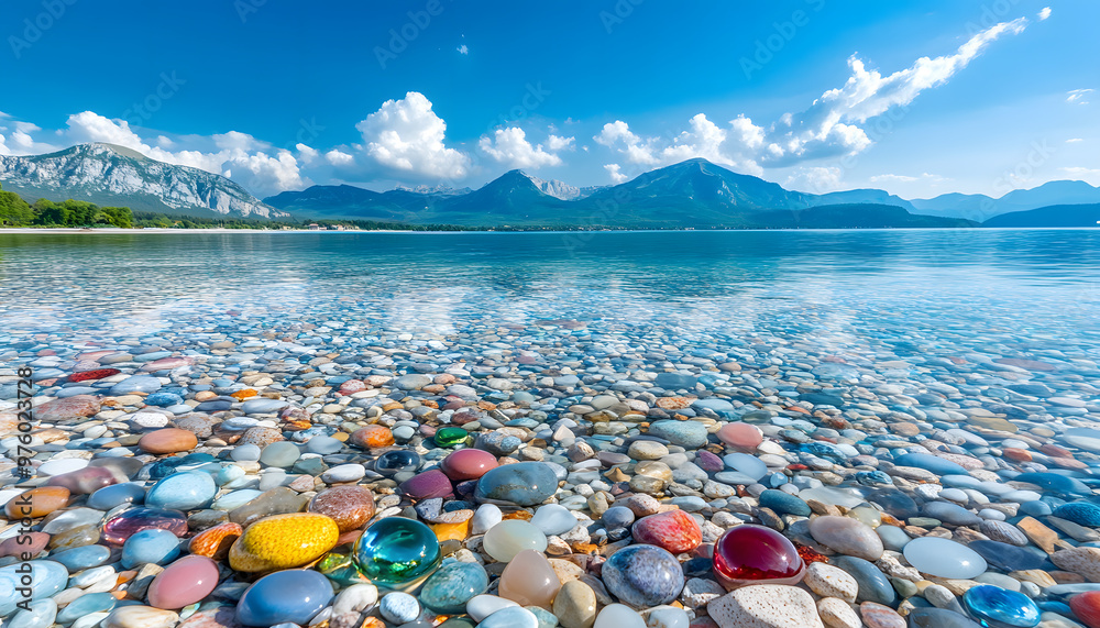 The sea is full of colorful pebbles, and the pebble beach on both sides is covered with many colored glass stones