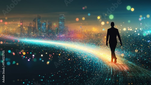 Human silhouette walking on a path of glowing ideas, leading toward a futuristic city, innovation journey, creative business path