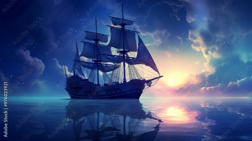 Fototapeta premium Lost in the night a mysterious ship illuminated by the moon sailing a dark, solitary ocean