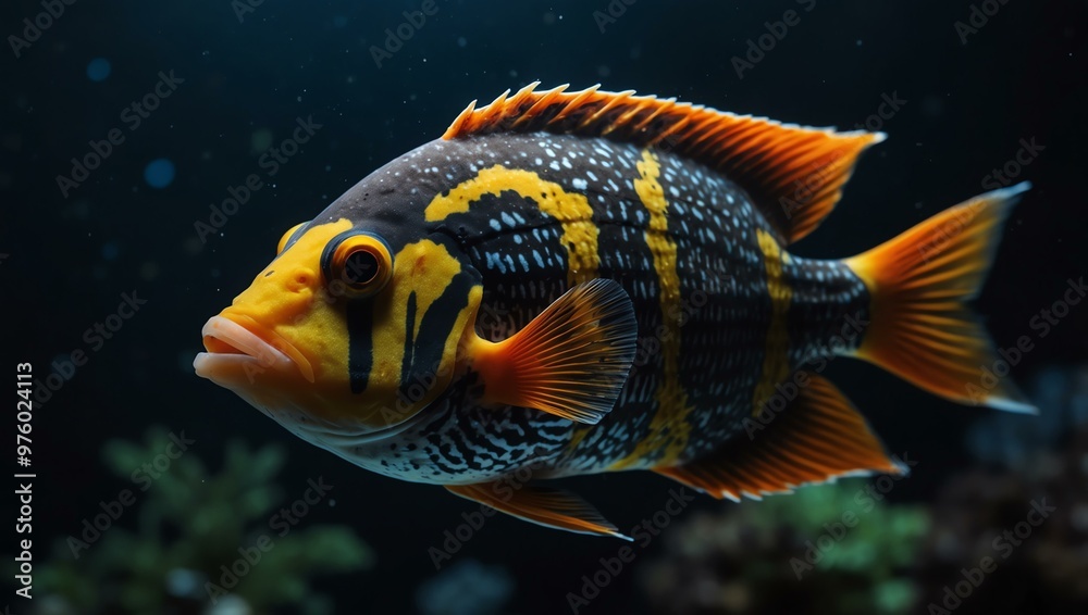 An exotic fish swimming in a dark aquarium, with a close-up shot highlighting its detailed patterns and colors. An exotic fish swimming in a dark aquarium, with a close-up shot highlighting its detailed patterns and colors.