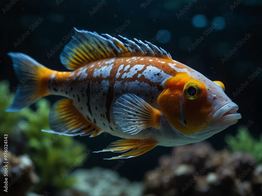 An exotic fish swimming in a dimly lit aquarium, with a close-up shot that focuses on its striking colors and textures. An exotic fish swimming in a dimly lit aquarium, with a close-up shot that focuses on its striking colors and textures.