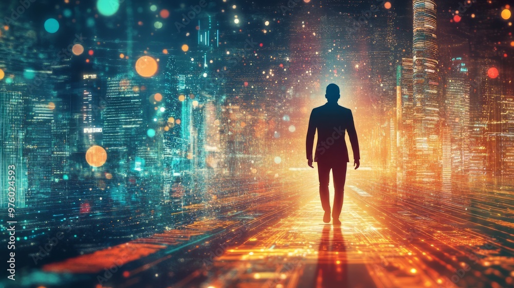 Human silhouette walking on a path of glowing ideas, leading toward a futuristic city, innovation journey, creative business path