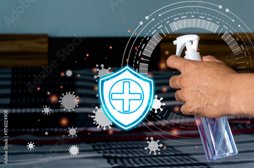 Dust mites, bacteria protection, cleaning, and disinfection with holographic icon, Close-up man's hand using a Spray foggy bottle to spray on the mattress, killing germs For good health