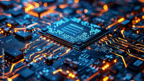 Close-up of a glowing computer motherboard with a processor chip. photo