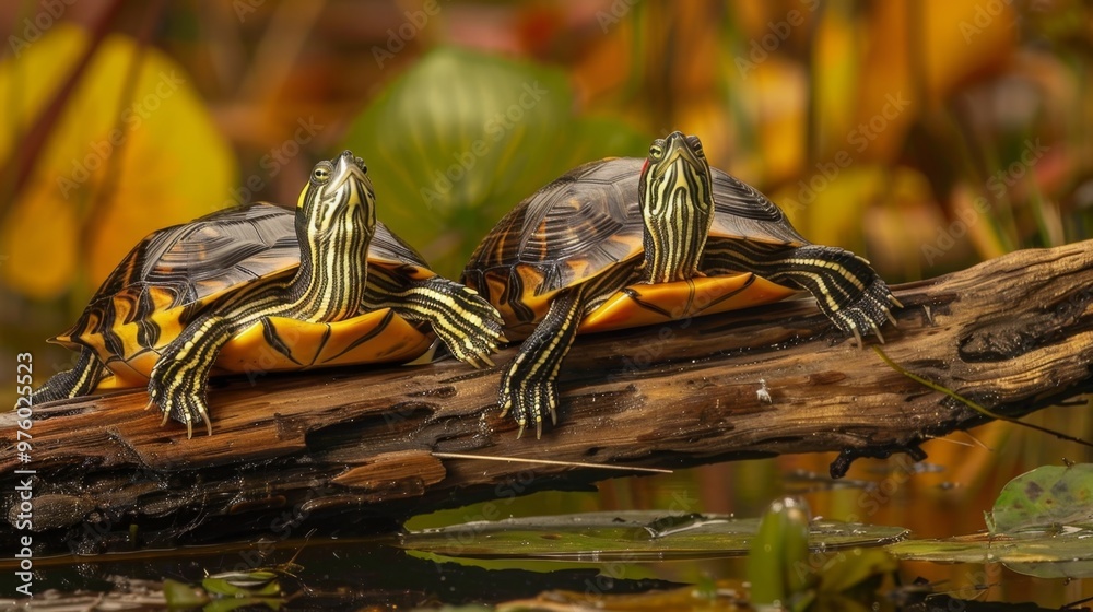 Two Turtles Basking on a Sunlit Log by the Water