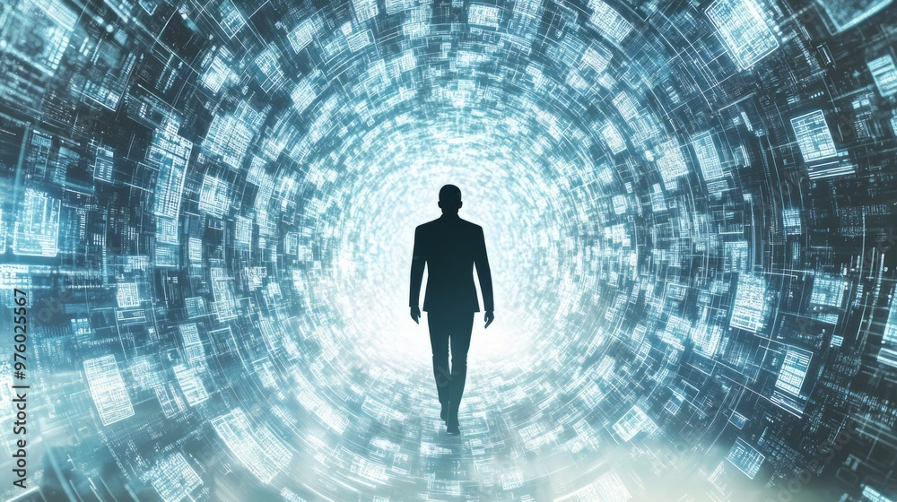 Human silhouette walking through a maze of floating digital ideas, representing the path to business innovation, innovation journey, complex business concepts Human silhouette walking through a maze of floating digital ideas, representing the path to business innovation, innovation journey, complex business concepts