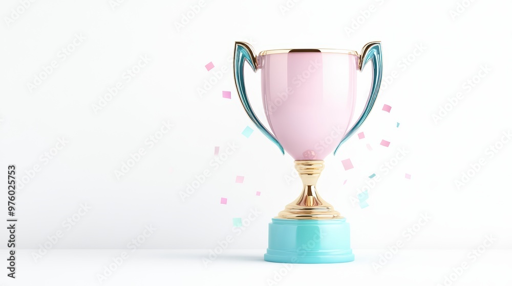 Stylish pink trophy against a white background, symbolizing achievement and victory, adorned with colorful confetti. Stylish pink trophy against a white background, symbolizing achievement and victory, adorned with colorful confetti.