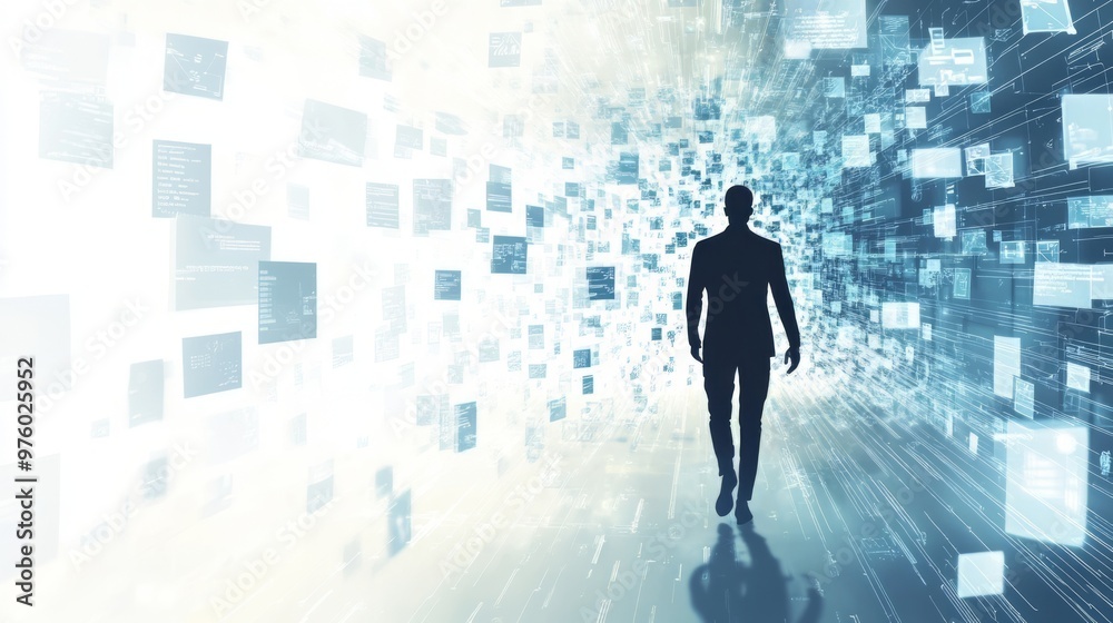 Human silhouette walking through a maze of floating digital ideas, representing the path to business innovation, innovation journey, complex business concepts