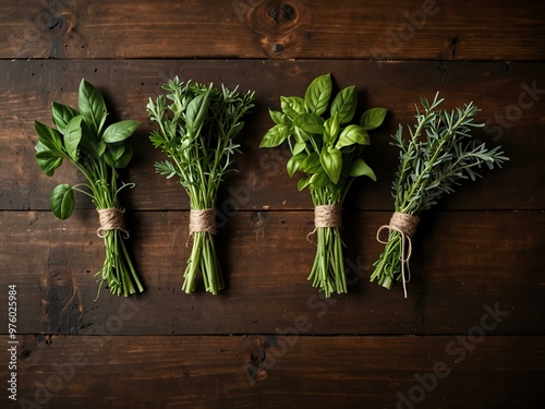 Artistic Arrangement of Fresh Herbs on a Wooden Table