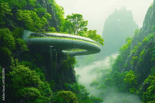 Futuristic hovering vehicle in lush green jungle landscape with mystical atmosphere