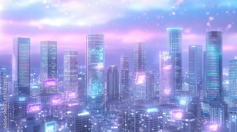 Obraz premium Vibrant futuristic cityscape with glowing skyscrapers and colorful lights under a dreamy sky at twilight.