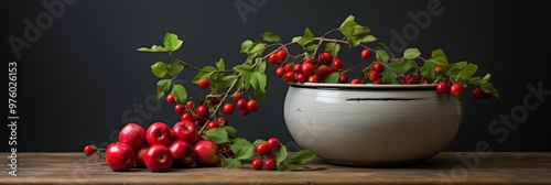 A minimalist still life simple composition of fruits, plants, and ceramics on plain background