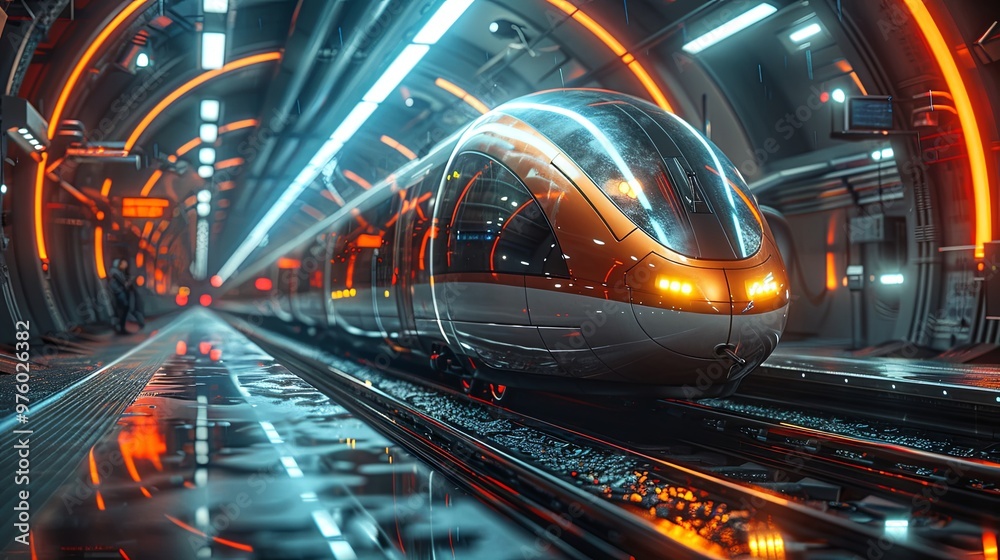 Train station and Hyperloop. Passengers waiting for the train. Futuristic technology for high-speed transport of goods and passengers in low-pressure pipes. 3d rendering Train station and Hyperloop. Passengers waiting for the train. Futuristic technology for high-speed transport of goods and passengers in low-pressure pipes. 3d rendering
