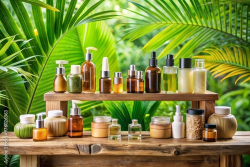 Tranquil Skincare Display with Green Bottles on Rustic Wooden Table, Set Among Verdant Ferns 