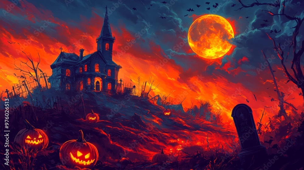 A spooky haunted house with glowing jack-o-lanterns sits on a hill with a blood red moon in the sky. A spooky haunted house with glowing jack-o-lanterns sits on a hill with a blood red moon in the sky.