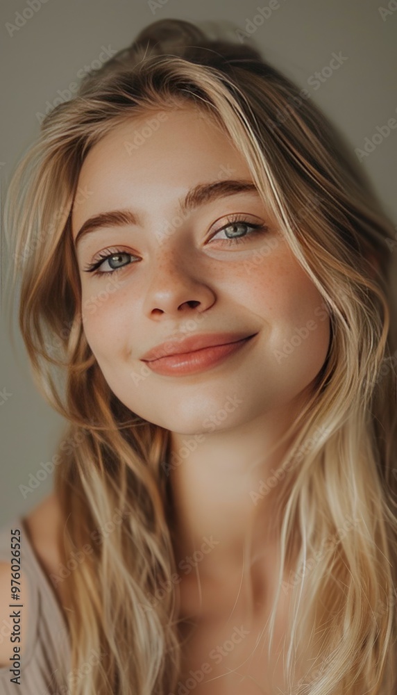 Close-up portrait of a young, beautiful blonde girl with a radiant smile, looking directly at camera Close-up portrait of a young, beautiful blonde girl with a radiant smile, looking directly at camera