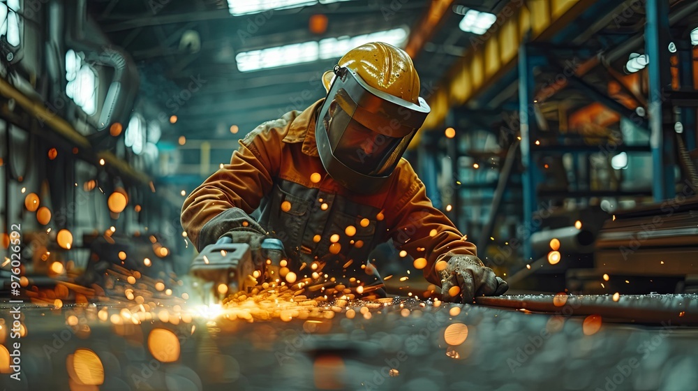 Industrial Worker Cutting Metal with Sparks Flying Industrial Worker Cutting Metal with Sparks Flying