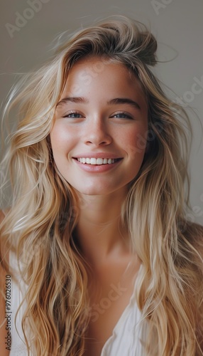 Close-up portrait of a young, beautiful blonde girl with a radiant smile, looking directly at camera