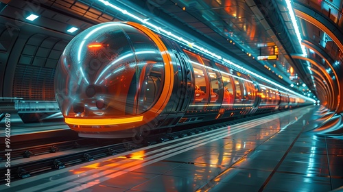 Train station and Hyperloop. Passengers waiting for the train. Futuristic technology for high-speed transport of goods and passengers in low-pressure pipes. 3d rendering