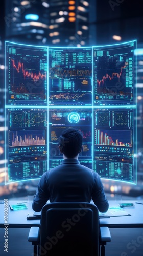 A data analyst reviews stock market trends on multiple digital screens, showcasing modern technology and analytics in finance.