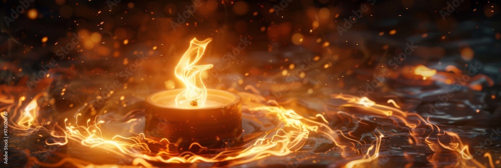 Detailed depiction of a burning candle with swirling flames, emphasizing the glow and intensity Detailed depiction of a burning candle with swirling flames, emphasizing the glow and intensity