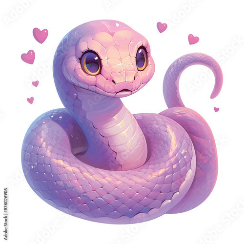 A cute snake with a pink and purple body and a pink tongue. The snake is surrounded by hearts, which suggests that it is a symbol of love or affection