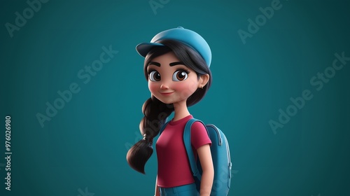 3d cartoon school girl wearing cap and backbag photo