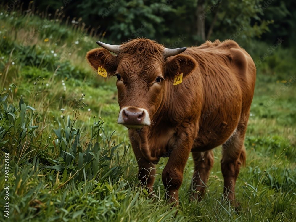 Asturian brown cow in green vegetation. Asturian brown cow in green vegetation.