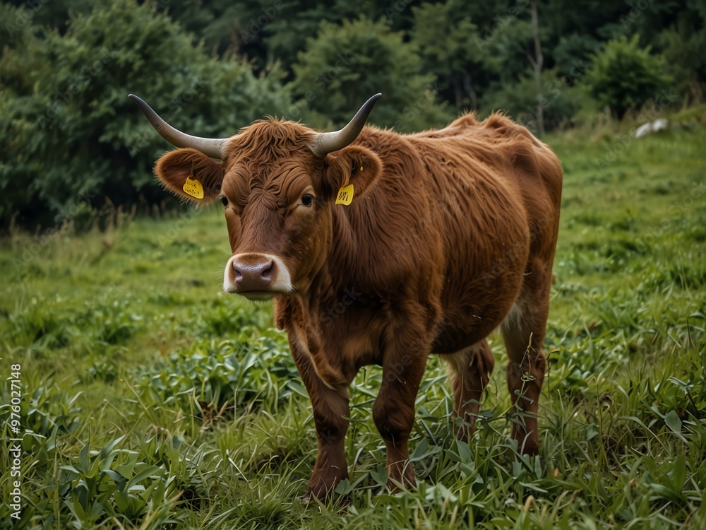 Asturian brown cow in green vegetation. Asturian brown cow in green vegetation.