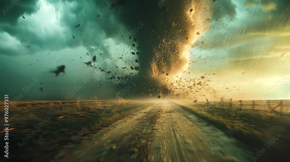 Fototapeta premium A Dirt Road Disappears Into a Powerful Tornado
