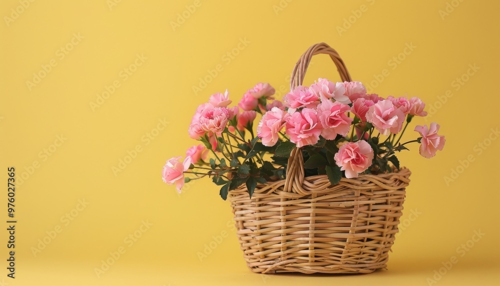 High-resolution image showcasing a wicker basket adorned with pink flowers placed on a soft pastel