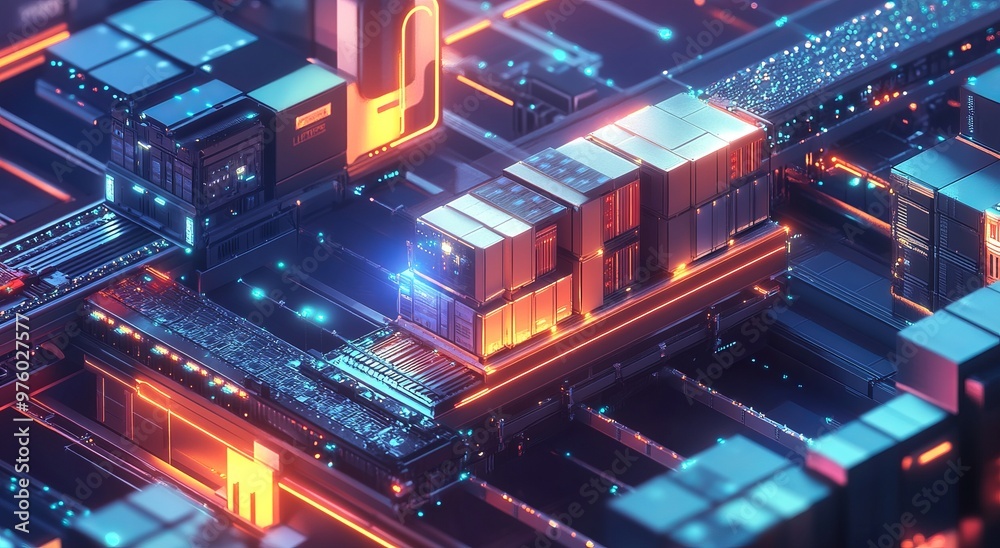 Fototapeta premium Smart warehouse management system using augmented reality technology to identify package picking and delivery . Future concept of supply chain and logistic business 