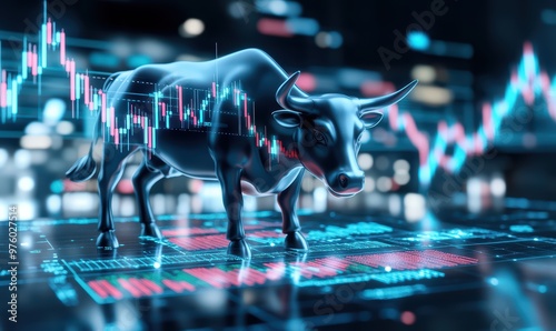 A dynamic bull symbolizing a strong financial market, positioned amidst vibrant stock market data and charts. photo