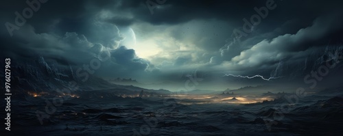 A haunting illustration of a barren wasteland under a cloudy, ominous sky