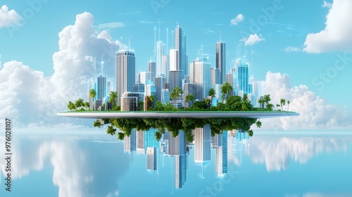 A futuristic cityscape reflected in water, surrounded by lush greenery and bright clouds, showcasing a blend of nature and technology.