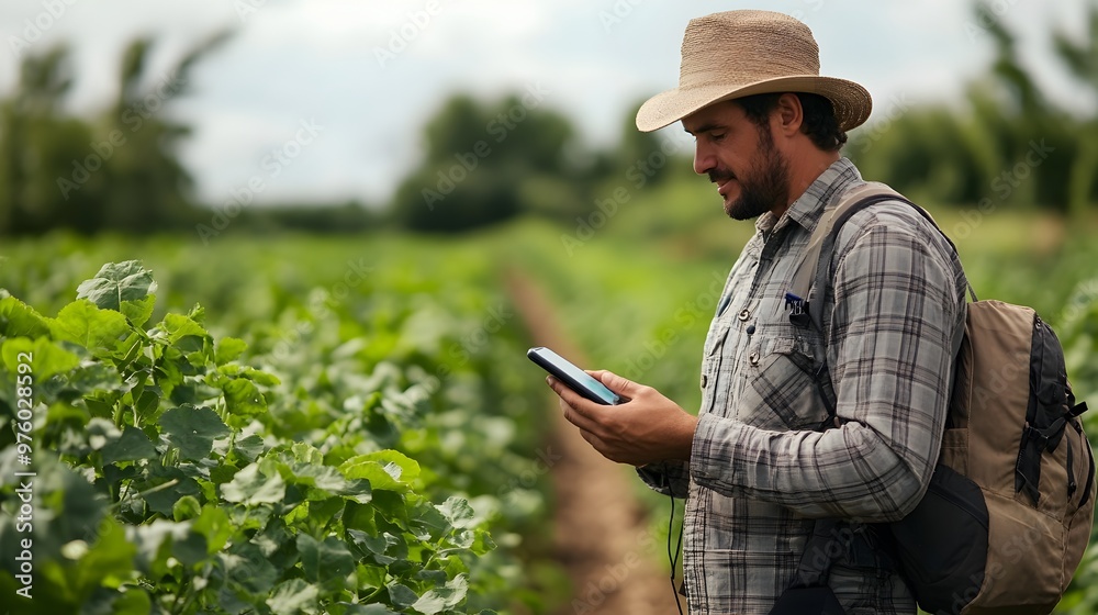 Farmer Receiving Smart Alerts on Smartphone in Connected Rural Field Farmer Receiving Smart Alerts on Smartphone in Connected Rural Field