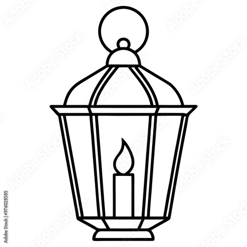 A vintage lantern with a lit candle inside, design with thin, intricate lines vector