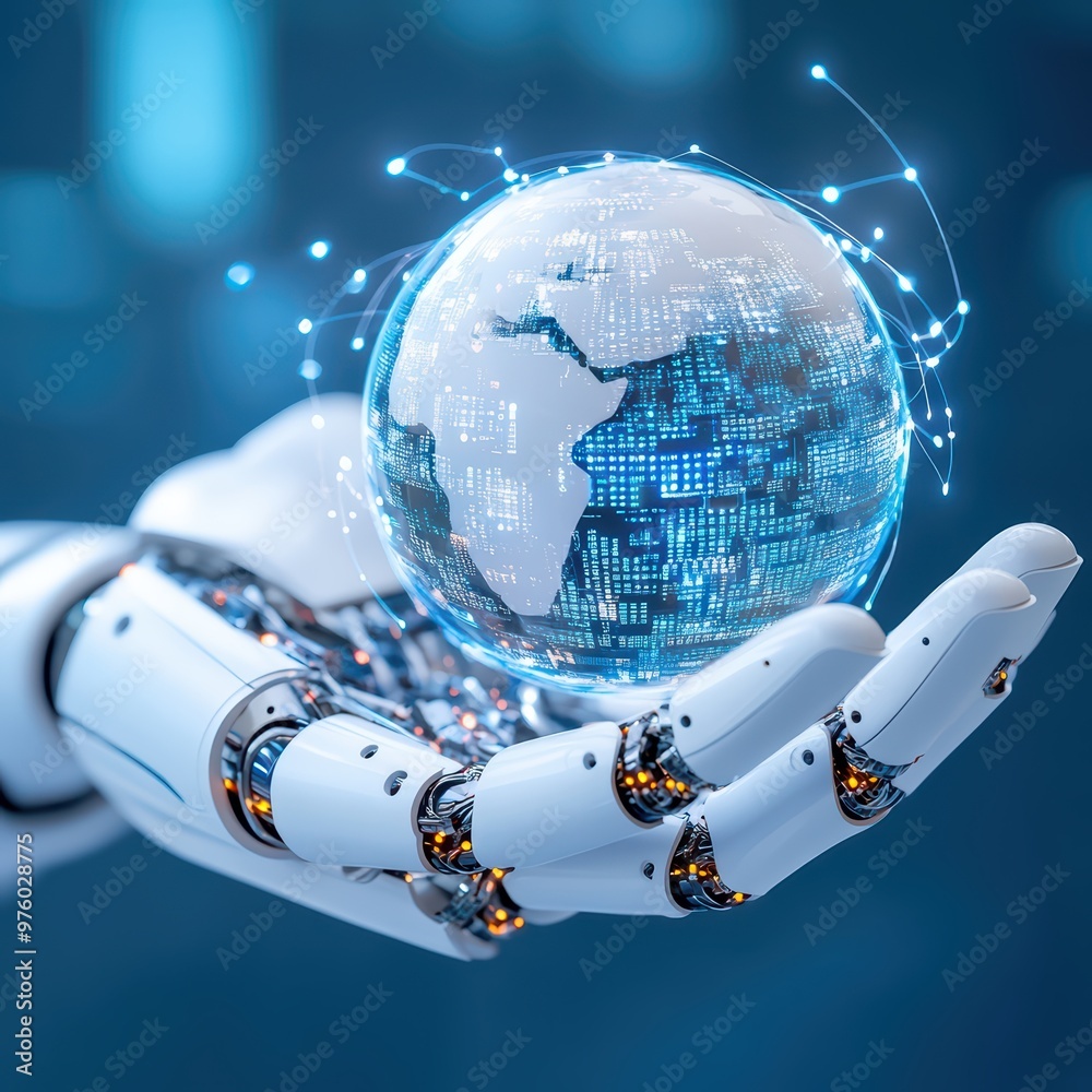 Fototapeta premium A futuristic robotic hand holds a digital globe, symbolizing technology and innovation in the modern world.
