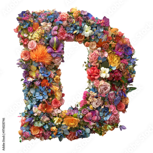 Floral Alphabet Letters D with Colorful Flowers and Decorative Elements
