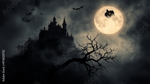 A spooky, silhouette of a castle perched on a hilltop under a full moon, with bats flying overhead.
