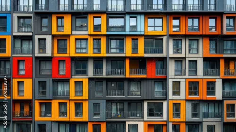 Abstract facade of a modern apartment building with colorful windows. Abstract facade of a modern apartment building with colorful windows.