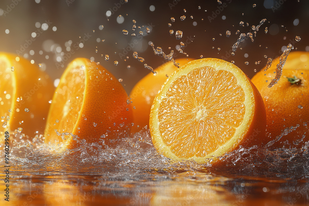 A orange with slices flying in the air, splashing juice on a background. A orange with slices flying in the air, splashing juice on a background.