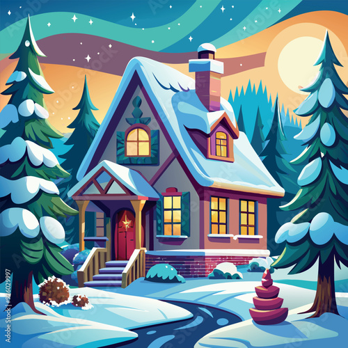 A house with a red roof and a white door sits in front of a row of pine trees. The house is decorated with a Christmas tree and a star. The scene is set in a snowy landscape, giving it a cozy
