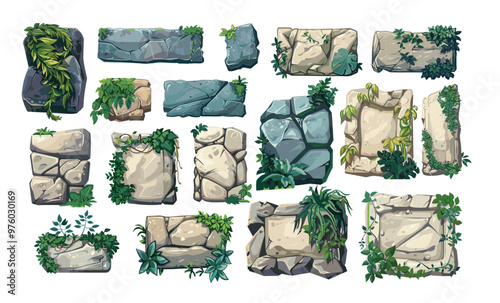 Stone slabs cartoon vector collection. Boulder tablets stalk rock leaves foliage vines border layout plant components panels game 2D user interface assets artwork on white backdrop