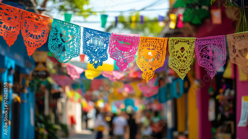 Colorful national hispanic heritage month market street with traditional decorations and people